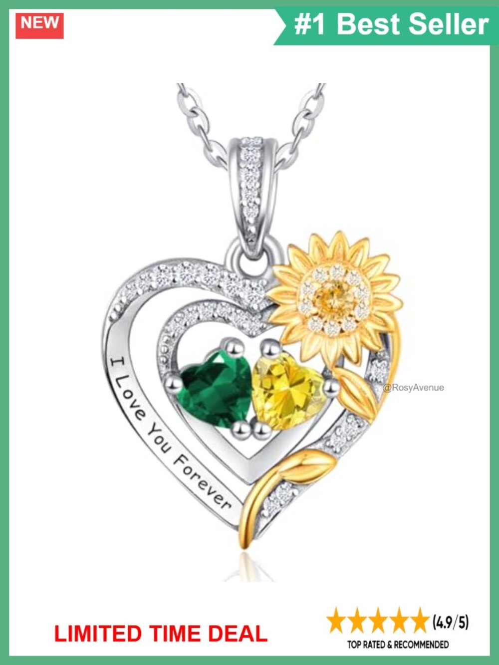 Sterling Silver Sunflower Heart Necklace 2 Birthstone Pendant for Women